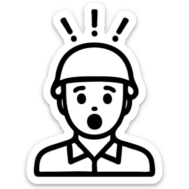 minimalist icon of a startled military figure with helmet, expressive surprised face, clean outlines, clarity at small sizes sticker