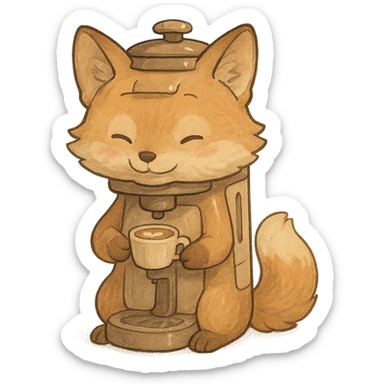 high-quality, visually appealing, normal-looking soft pastel fluffy fox designed as a coffee maker animal, holding a tiny latte cup, brown and beige tones, full-body, 电器拟动物风格 sticker