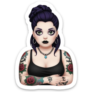 Heavyset goth woman with tattoos and makeup sticker