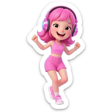 Pretty girl in pink hair and clothes and in super shiny pink headphones dances with pleasure in the midst of studio blue backdrop, copy space, high quality video sticker