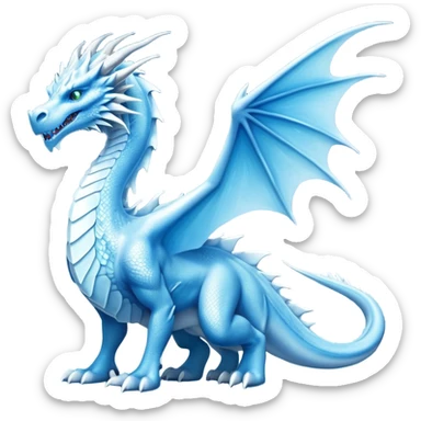Cinematic Noble wise elegant Ice Dragon full body  Emoji, Poised and imposing, distinct long elegant snout, with a slender, scaled body shimmering in glacial hues of icy blue, frostbitten silver, and crystalline white, breathing out frost, with piercing, glowing ice blue white eyes that radiate the chilling depths of an arctic storm; rendered in detail. excuding wisdom sticker