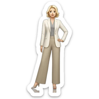 Full height Actively gesturing with hands pale skin woman with ash blonde Straightened bob Hair, White Spacious classical jacket, beige palazzo Arrow pants and gray blouse sticker