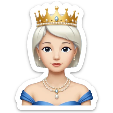 Queen with white short hair – gold tiara, pearl necklace, elegant gown, blue dress sticker