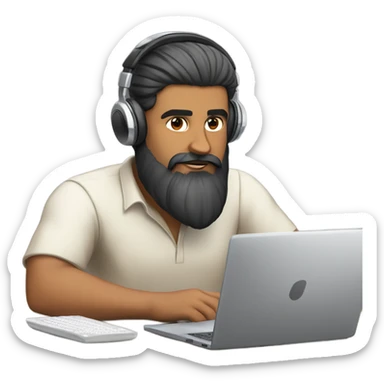 "Light-skinned Indian man with a beard, wearing headphones, focused on working on a laptop. Hair styled with a side part." sticker