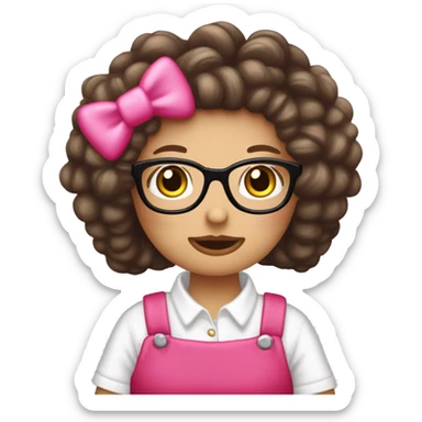 Pelo largo y ondulado cafe obscuro ,con fleco que tapa mas o menos la cara,con lentes rosas y blusa de hello kitty o sticker