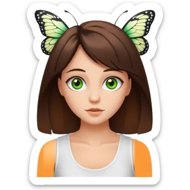 girls with long brown hair, green eyes, a white tank top, and a butterfly haircutbrunette girl with green eyes sticker