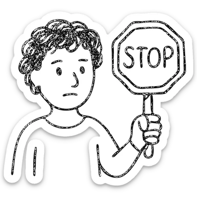 brunette person with curly hair holding a stop sign, hand drawn outlined icon sticker