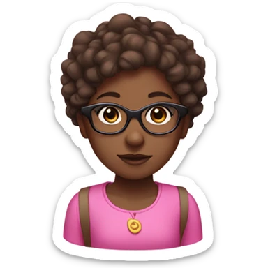 Dark skin girl, with short brown curly hair, pink headband and glasses sticker