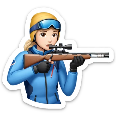 An icon showing a snowy landscape with pine trees, mountains, and a clear sky with a biathlete aiming a rifle in the foreground, wearing winter gear and skis. Transparent background emphasizes the precision, endurance, and beauty of this winter sport. sticker
