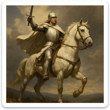 white warrior riding a horse, heroic stance sticker