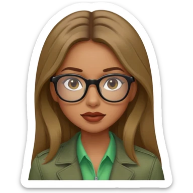 a girl with dark blonde hair, long hair, brown eyes, long lashes, a little bit tanned skin, big and reddish mouth, wearing a black thin glasses, a green shirt and a brown jacket  sticker