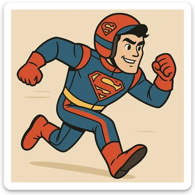 Superman dressed as a race car driver, dynamic action, bold colors, cartoon style sticker