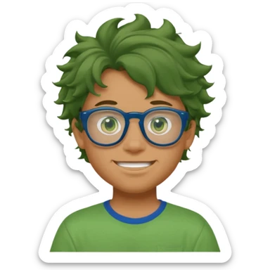 A teenage boy, tanned with glasses, wearing a green t-shirt , blue jeans and green sneakers with brown wavy tousled hair, smirking, wearing a green face mask sticker