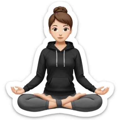 Girl w short brown hair up in a bun yoga pants and black hoodie  sticker