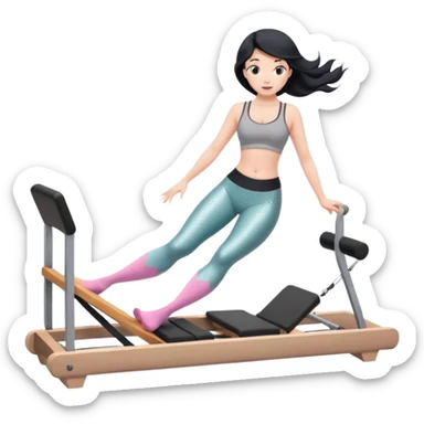 Create a Pilates emoji: a girl with fair skin and black hair, wearing a grey bra and grey leggings with pink pilates socks, doing  mermaid on a wooden reformer. Make it look at the reformer. Make the colors neutrals. sticker