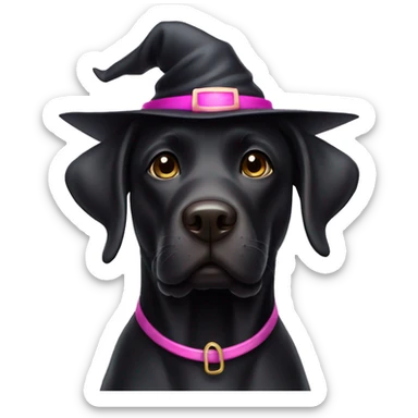 Black Labrador wearing black and pink witch hat sticker