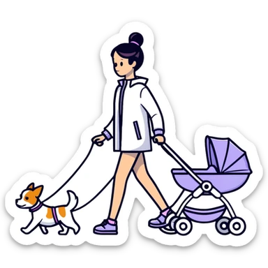girl walking with a stroller and dog on a leash, bold lines sticker