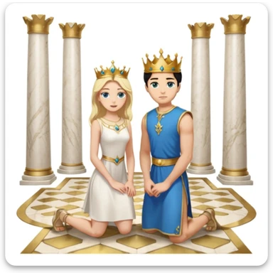 Man as king, standing, black Hair, blue eyes, woman, blonde, green eyes, shott white sleveless Dress, kneeling, background palace sticker