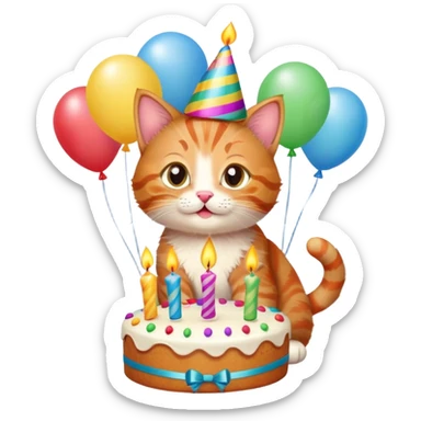 Ginger tabby kitten celebrates birthday, birthday hat, birthday cake, one candle, balloons, happy, gifts sticker