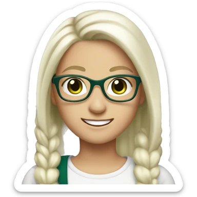 white female, long white hair with pony tail and glasses, dark green eyes, and smile sticker