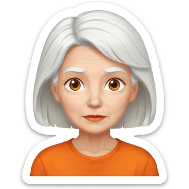 older white woman with white hair and orange shirt sticker