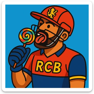 RCB cricket player eating a lollipop, vibrant cartoon style sticker
