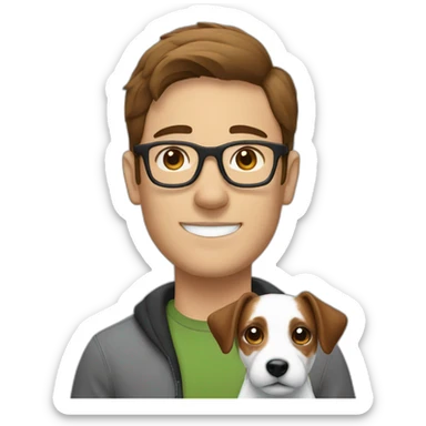 Man with brown hair with glasses with jack russell terrier dog sticker