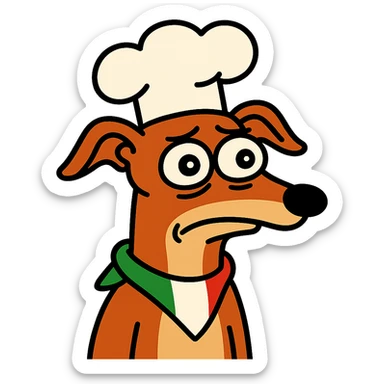 Italian dog with chef hat, looking confused, brainrot meme style, cartoonish sticker