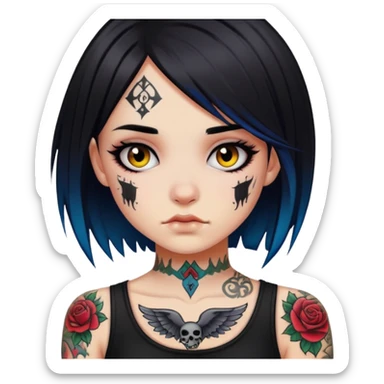 Emo Girl with dark hair and bright skin, some tattoo sticker