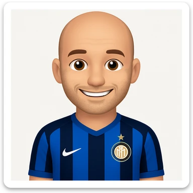 Create an image of Wesley Sneijder in an Inter Milan shirt, bald with visible stubble, smiling, in the style of apple emojis. The style should mimic the apple emoji look with smooth, simple, and colorful features. sticker