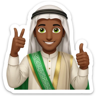 Dark-skinned Arab Saudi man with green eyes, wearing an agal and traditional attire, smiling happily and giving a big thumbs-up sticker