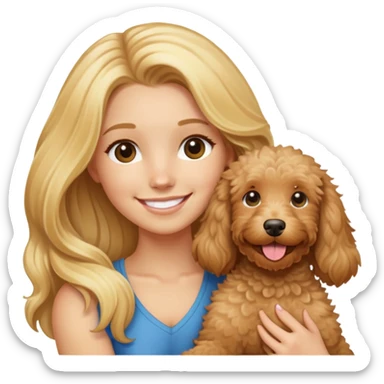 blonde girl with long hair smiling and holding a tan goldendoodle sticker