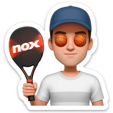 make a circular imogi of man with NOX padel bat with balls as eyes and wearing a cap sticker