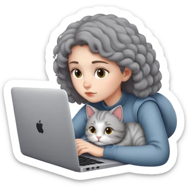 A girl is working hard on a laptop with a cat next to it sticker