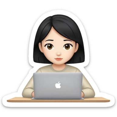 Asian girl with black hair sitting and watching a MacBook laptop sticker