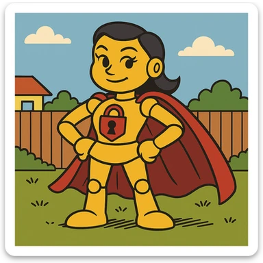 Transform the heroic robot into a more feminine version, with a cape and lock emblem, keeping her bold, cartoon style. sticker