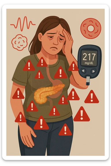 "Woman struggling with worsening insulin sensitivity, blood sugar spikes visualized as red warning signals throughout her body, expression of energy crashes and sugar cravings, pancreas working overtime shown in transparent overlay, pre-diabetic progression despite dietary efforts, metabolic syndrome symptoms accumulating, glucose meter showing increasingly concerning readings" scritte in italiano sticker