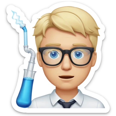 blonde man with square glasses and blue eyes hitting dab rig sticker