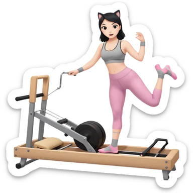 Create a Pilates emoji: a girl with fair skin and black hair, wearing a grey bra and grey leggings with pink pilates socks, doing cat-cow on a wooden reformer. Make it look at the reformer. Make the colors neutrals. sticker
