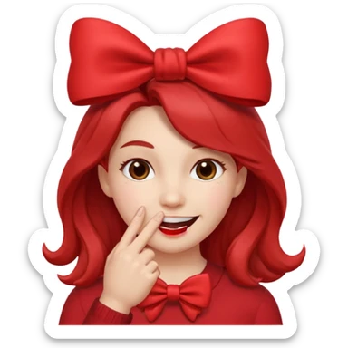 Emoji qui sourire avec le doigt dans la bouche et un noeud dans les cheveux sticker