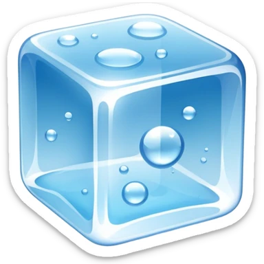A single transparent ice cube with smooth rounded edges, highly detailed, crystal-clear with tiny air bubbles inside, glossy reflections, cool blue tones, soft shine on the surface, realistic lighting, floating on a clean blue background, ultra-high resolution, 3D look, sharp details sticker