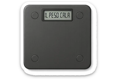 bilancia PESAPERSONE vista dall'alto con la scritta "IL PESO CALA" SUL DISPLAY, IPERREALISTA 4K sticker