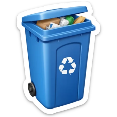 blue recycling bin with lid closed sticker