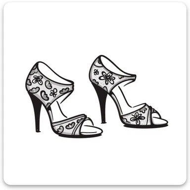 a pair of women's high heel shoes with elegant details, pastel colors dd9fb0, ffc6d3, a3bfc9, c4bee2, f1b091, detailed hand-drawn doodle style sticker