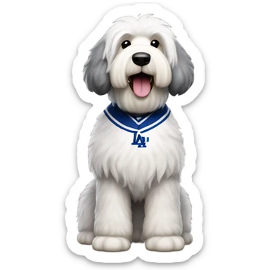 Old English Sheepdog full height wearing a dodgers jersey sticker