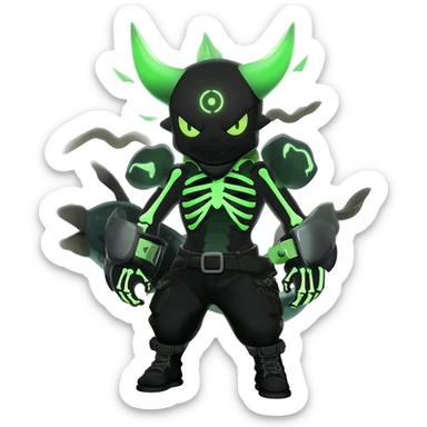 Horned Evil Cool Handsome Badass Edgy Obsidian-black and neon-glowing-green skeletal Meloetta-Salandit-Gorebyss-Zygarde-Pokémon-Fakémon-creature-fusion-hybrid sticker