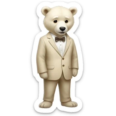 A full-length white bear cub in a beige suit and beige bow tie sticker