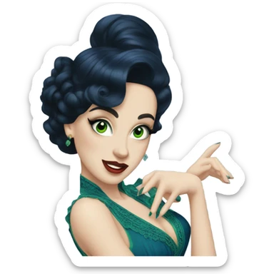 Burlesque dancer wearing blue with black hair, pale skin, and green eyes in a dark blue vintage costume dancing sticker