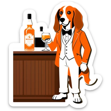 Hound dog in tangerine and white clothes at a whiskey bar sticker