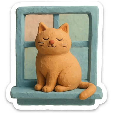 cat sitting on a windowsill, visible fingerprints, soft lighting, pastel colors, matte plasticine claymation style sticker